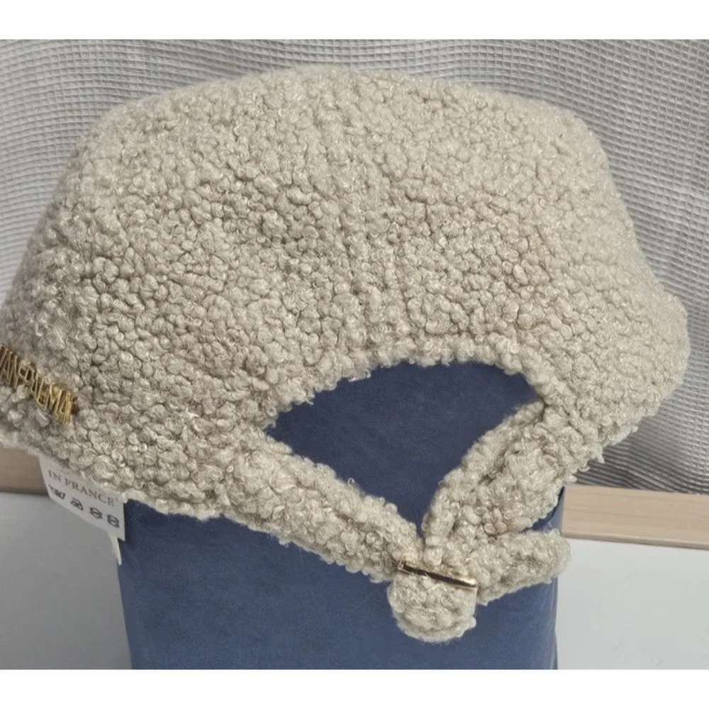 NWT Van Palma Anthropologie Muse Fuzzy faux fur baseball Cap ivory o/s